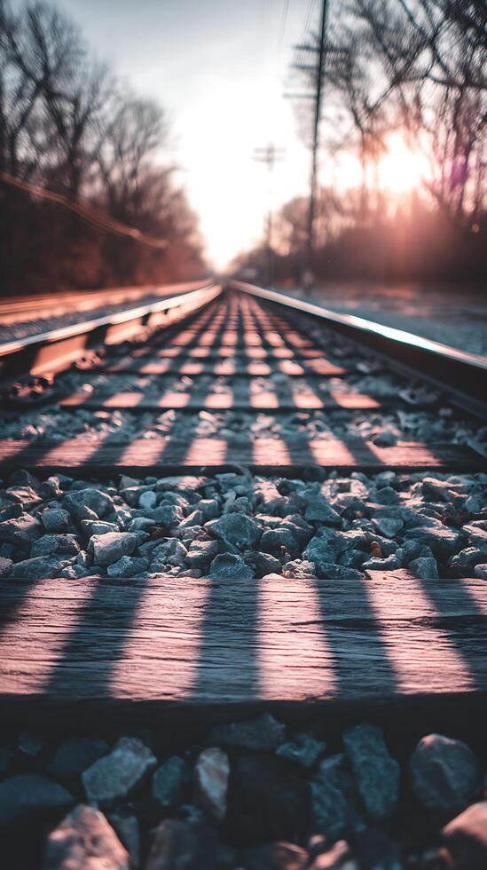 Railroad Tracks at Sunset A Low Angle View of Sunlit Railway Ties and Ballast. photo