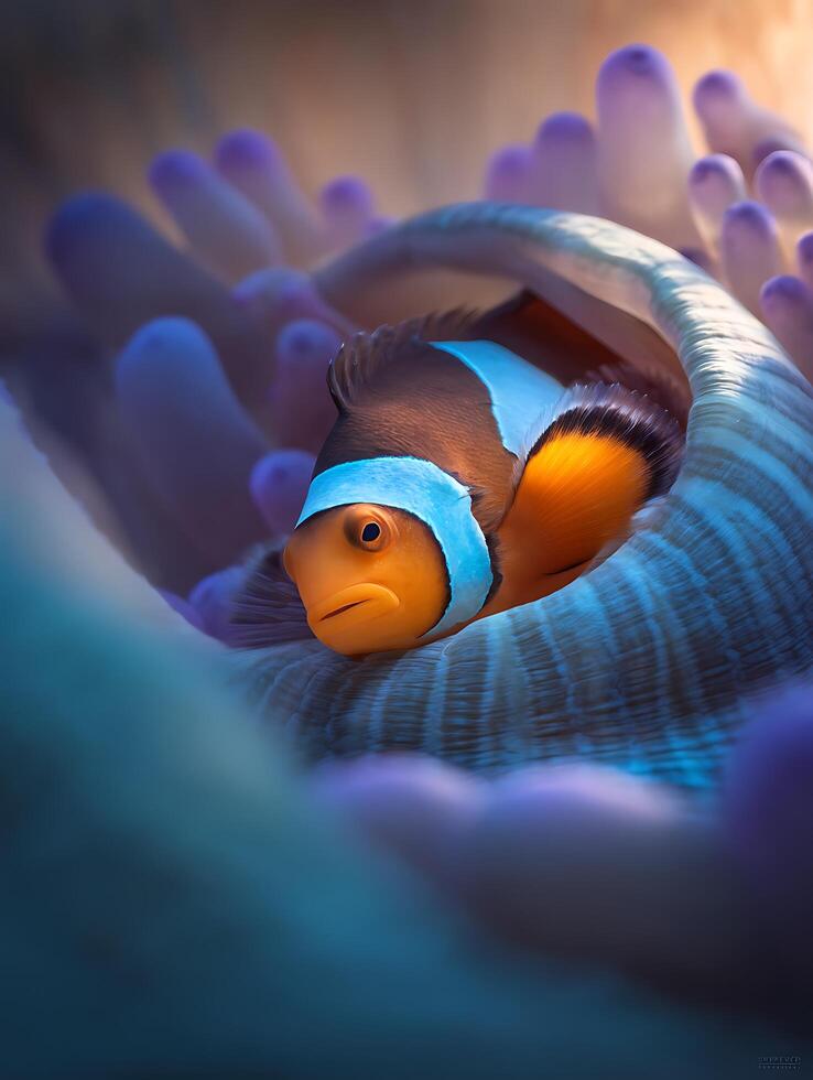 A close up of an orange clownfish nestled in its anemone home. photo