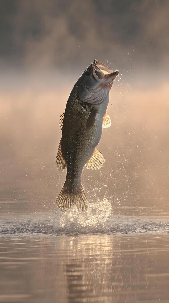 Largemouth Bass Leaping from the Water at Sunrise. A stunning image of a fish jumping high out of the water during the golden hour. photo