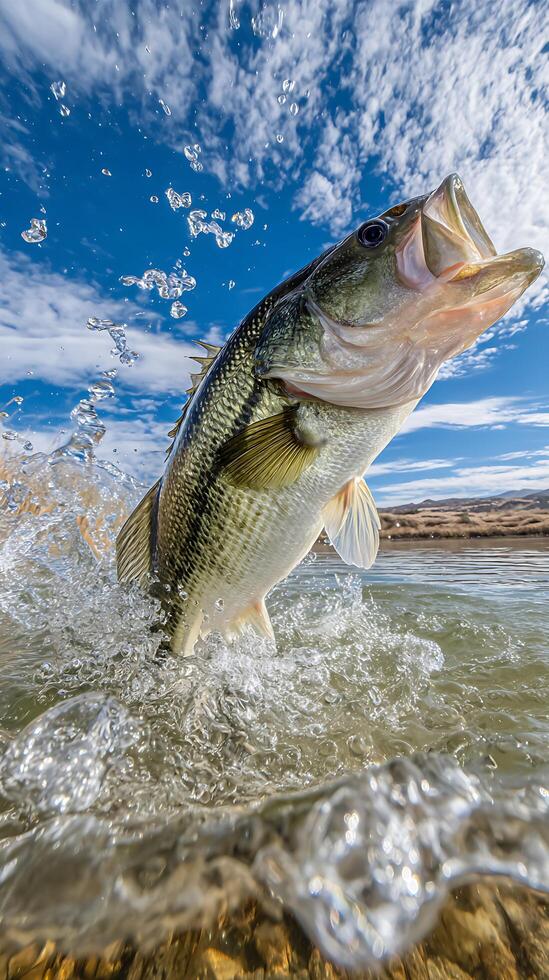Largemouth Bass Leaping from the Water, Dramatic Close Up. photo