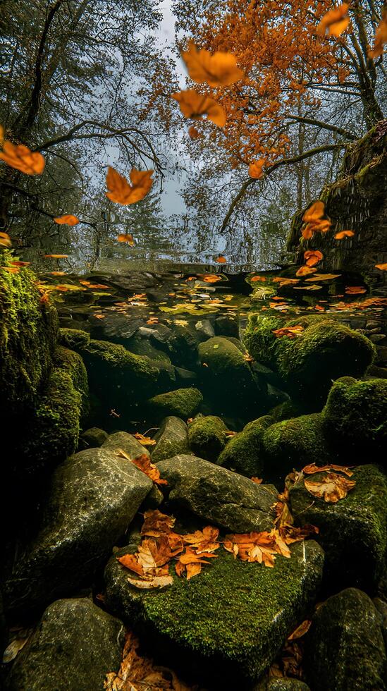 Autumn Leaves Falling into a Mossy Streambed An Underwater Perspective. photo