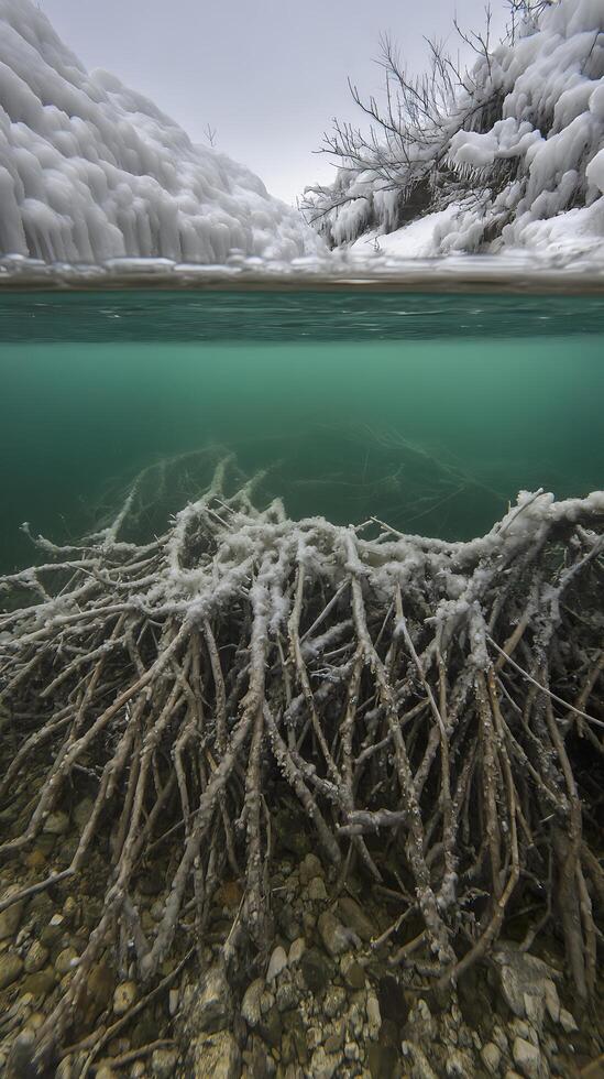Underwater and Above Water View of Icy River Bank with Exposed Tree Roots. photo