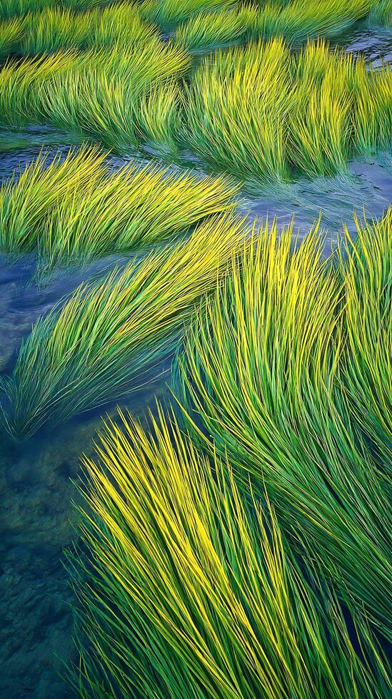 Vibrant Green and Yellow Aquatic Grass in Shallow Water, Nature Photography. photo