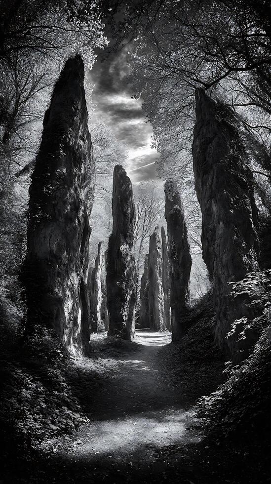 Monochrome Pathway Through a Mystical Forest of Tall, Slender Stone Pillars. photo