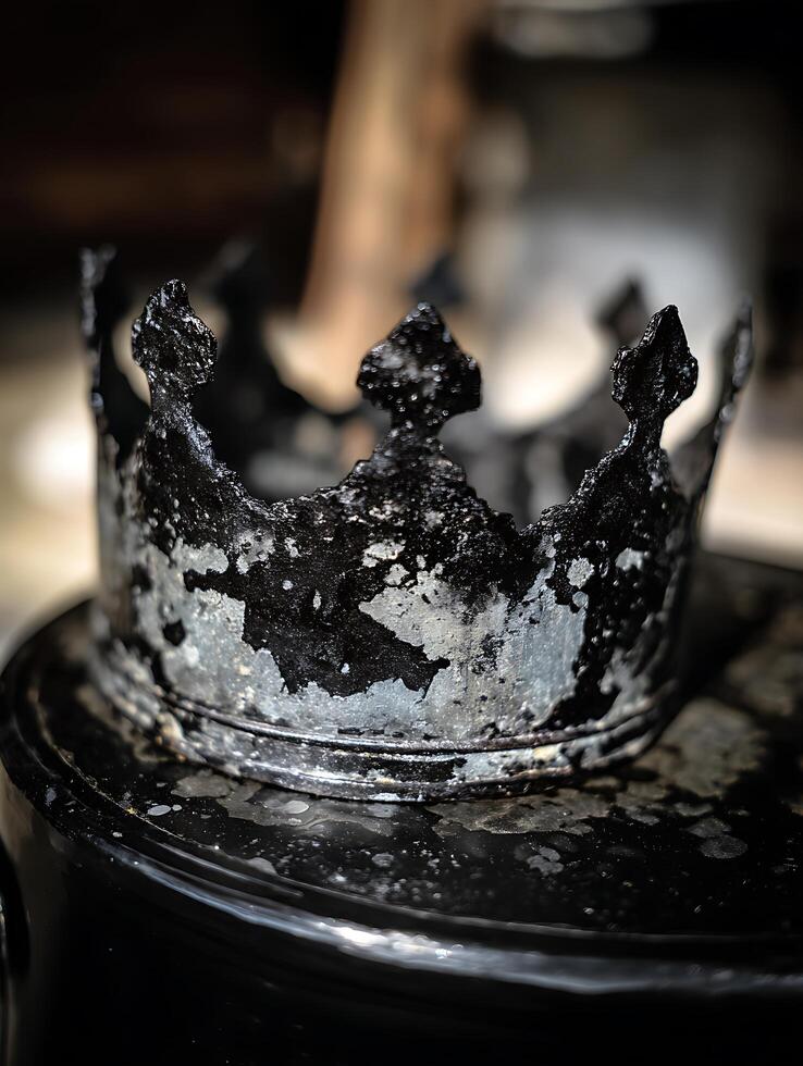 Close Up of a Weathered Black Crown on a Dark Surface. photo