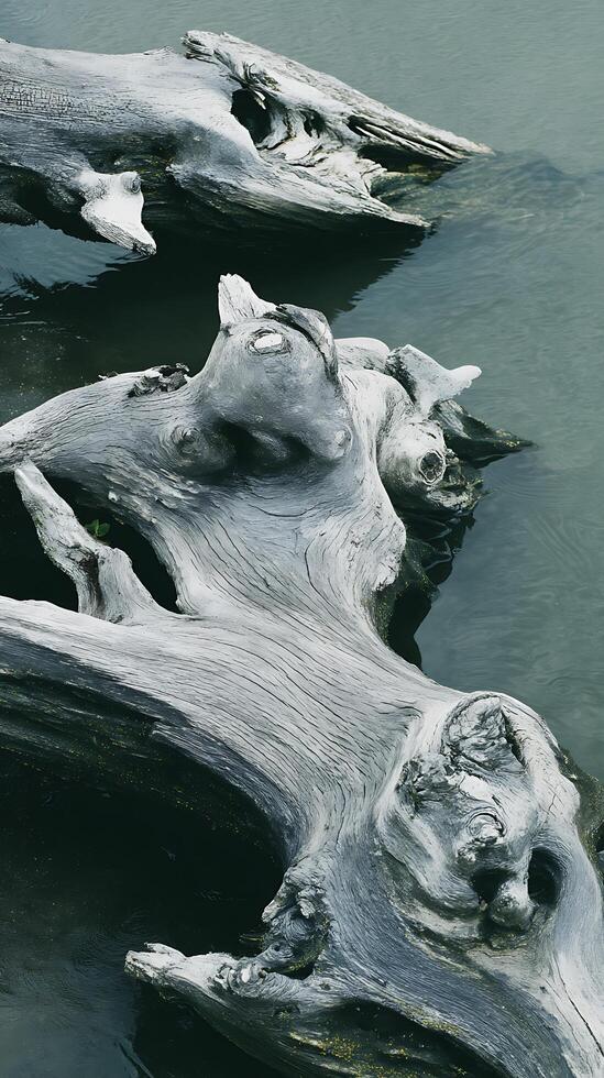 Abstract Driftwood Sculpture in Water A Study in Texture and Form. photo
