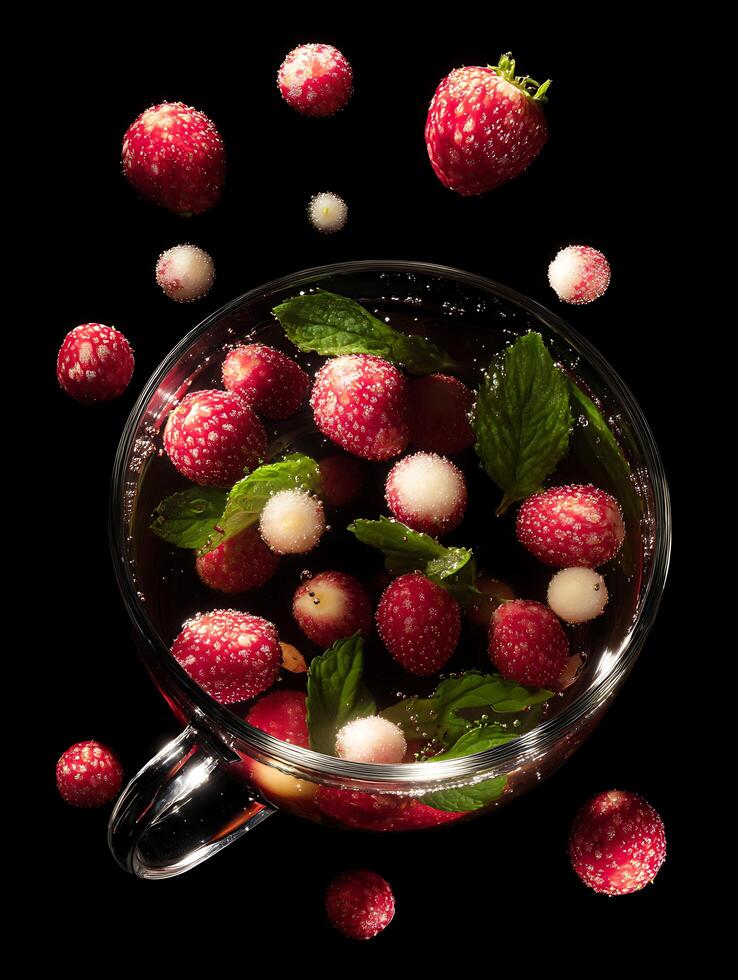 Refreshing Strawberry and Mint Infused Drink in a Glass. A close up image of a delicious summer beverage. photo