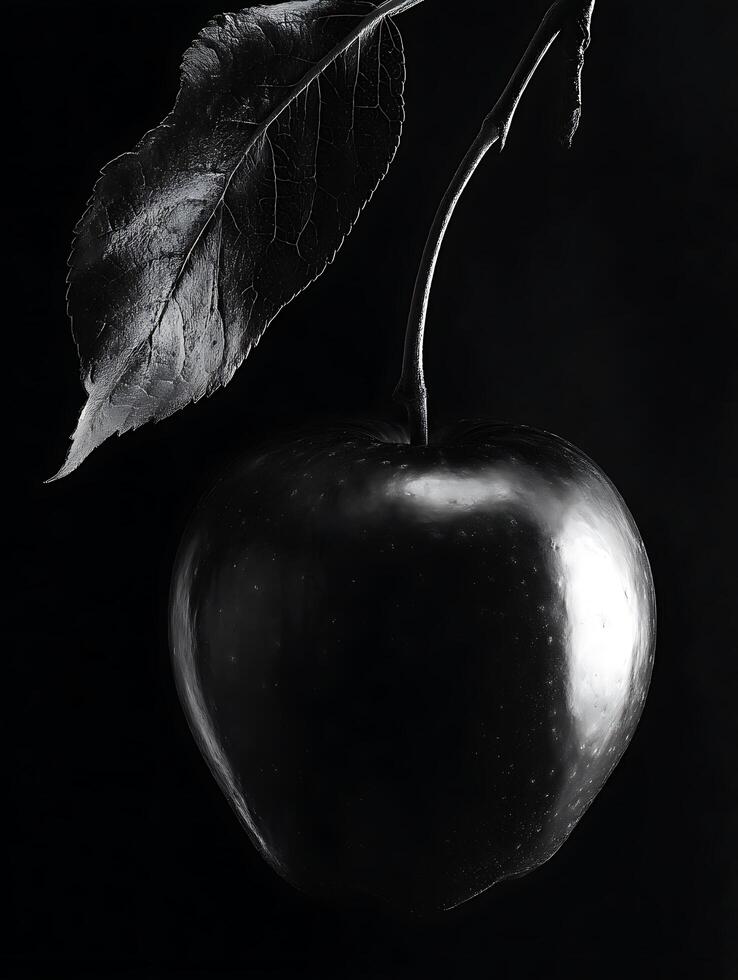 Monochrome Still Life Apple with Leaf on Black Background. photo