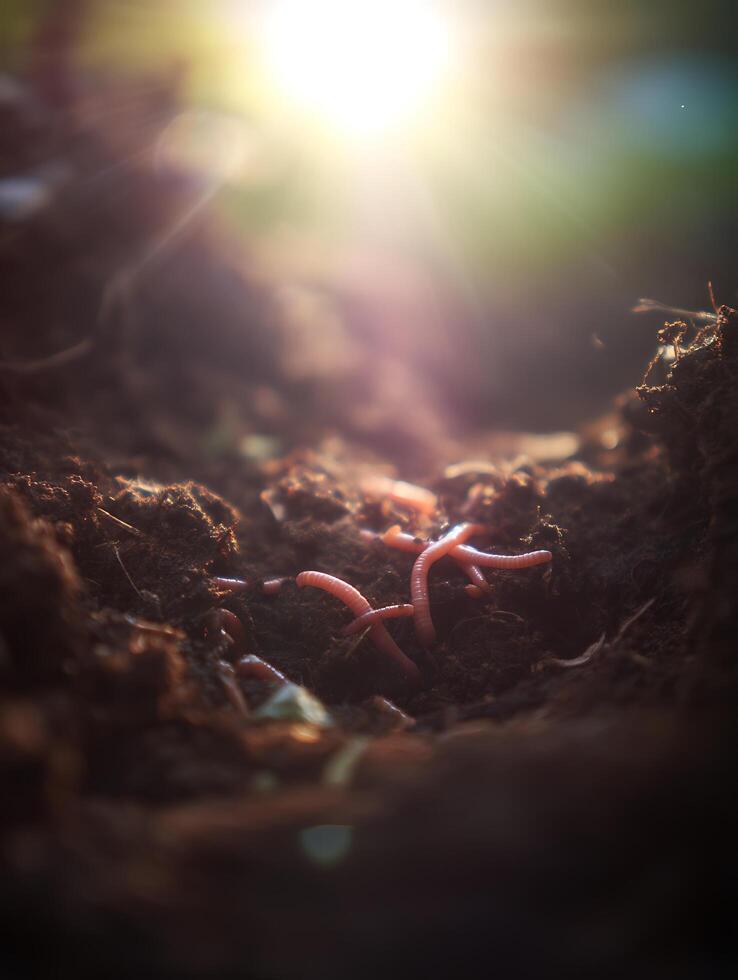 Earthworms in Soil Close Up, Illuminated by Sunlight. photo