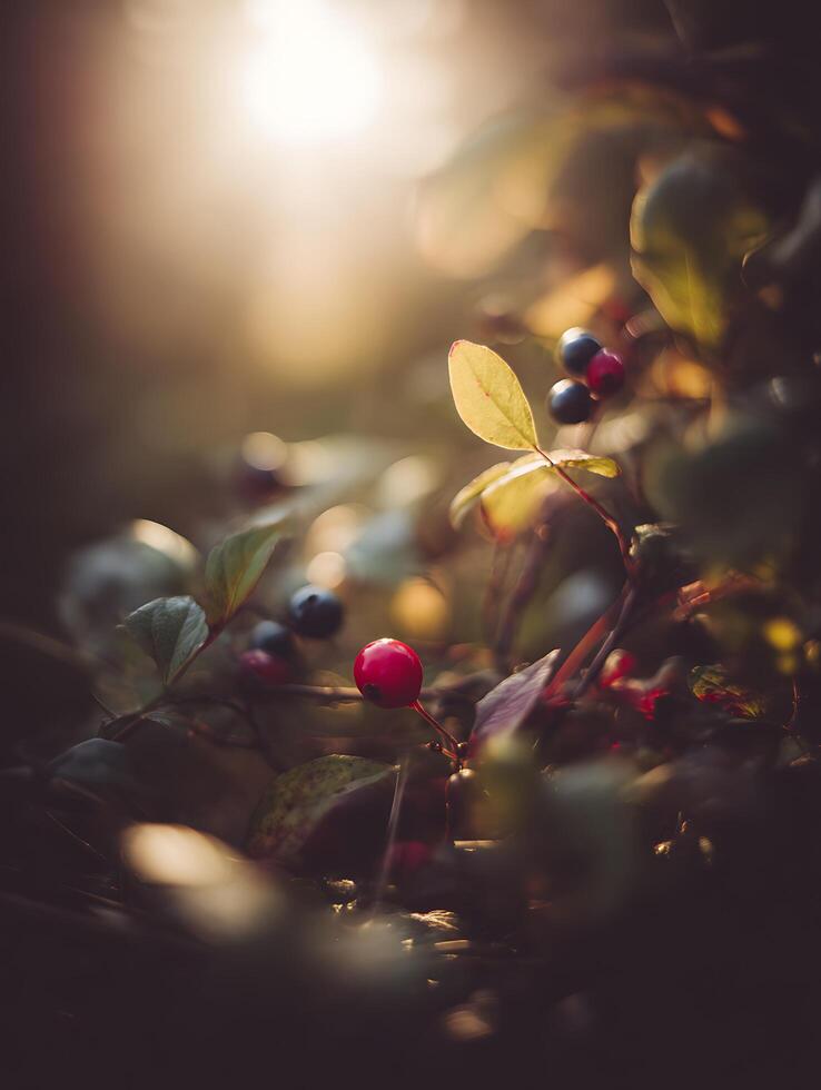 A single red berry glows in the sunlight amongst dark green leaves and other berries. photo