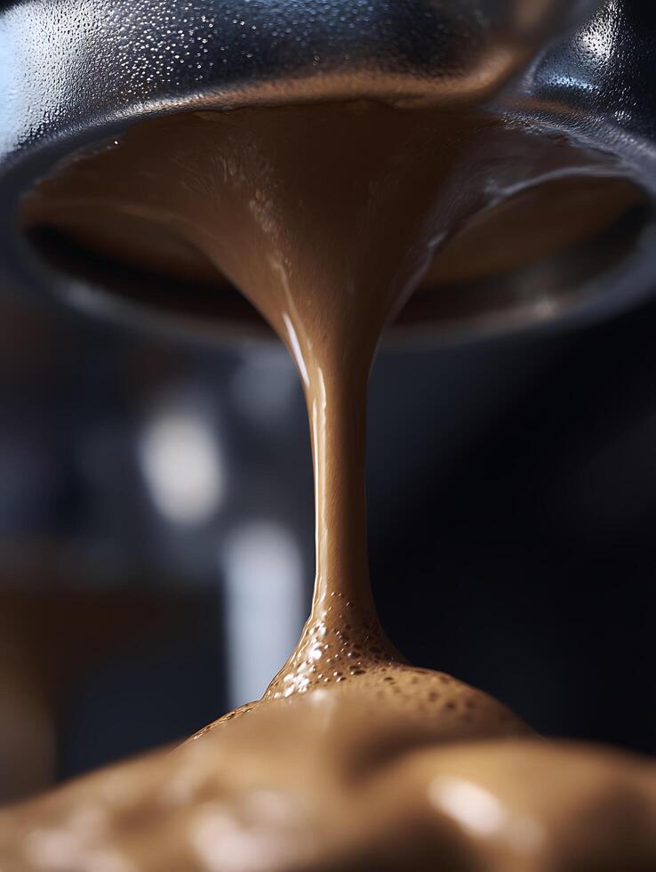 Close Up of Espresso Pouring into a Cup, Rich Brown Coffee Stream. photo