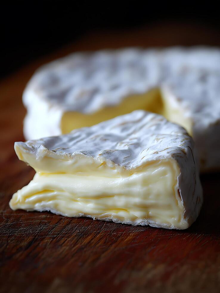 Creamy Camembert Cheese Close Up on Rustic Wooden Board. photo