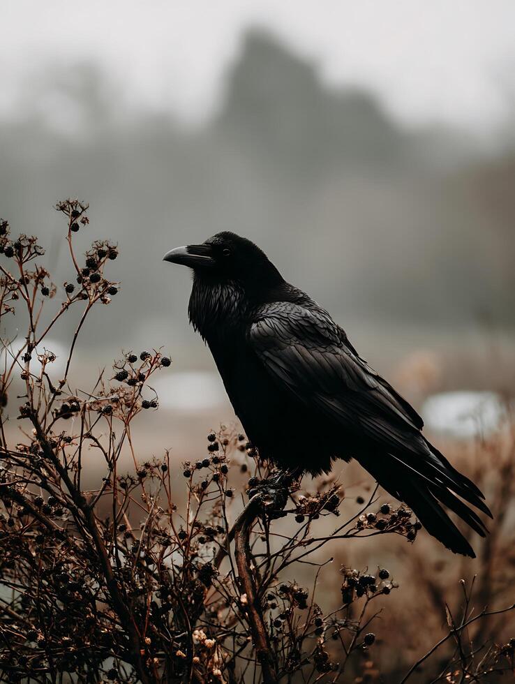 Raven Perched on a Winter Blackberry Bush. A dramatic close up of a black raven against a muted background. photo