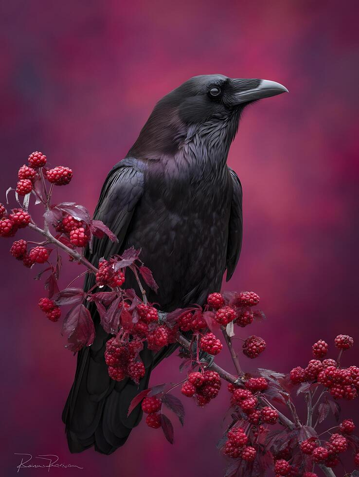 Majestic Raven Perched on a Branch of Red Berries. A stunning close up image of a raven amidst vibrant autumnal foliage. photo