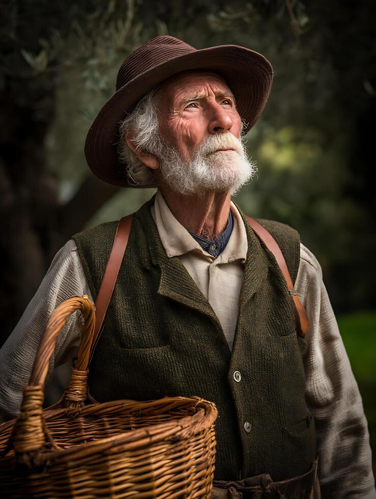 Elderly Farmer Contemplating the Harvest, Rustic Portrait. photo