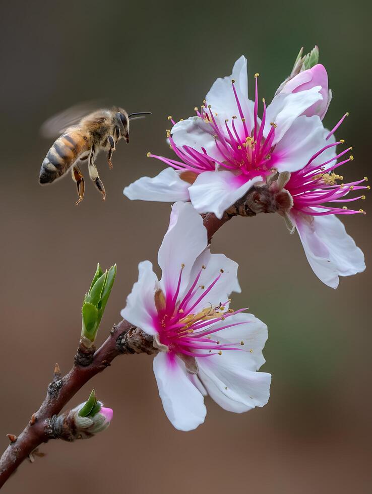 Honeybee in Flight Approaching Almond Blossom. A close up image of a honeybee approaching delicate pink and white almond blossoms. photo