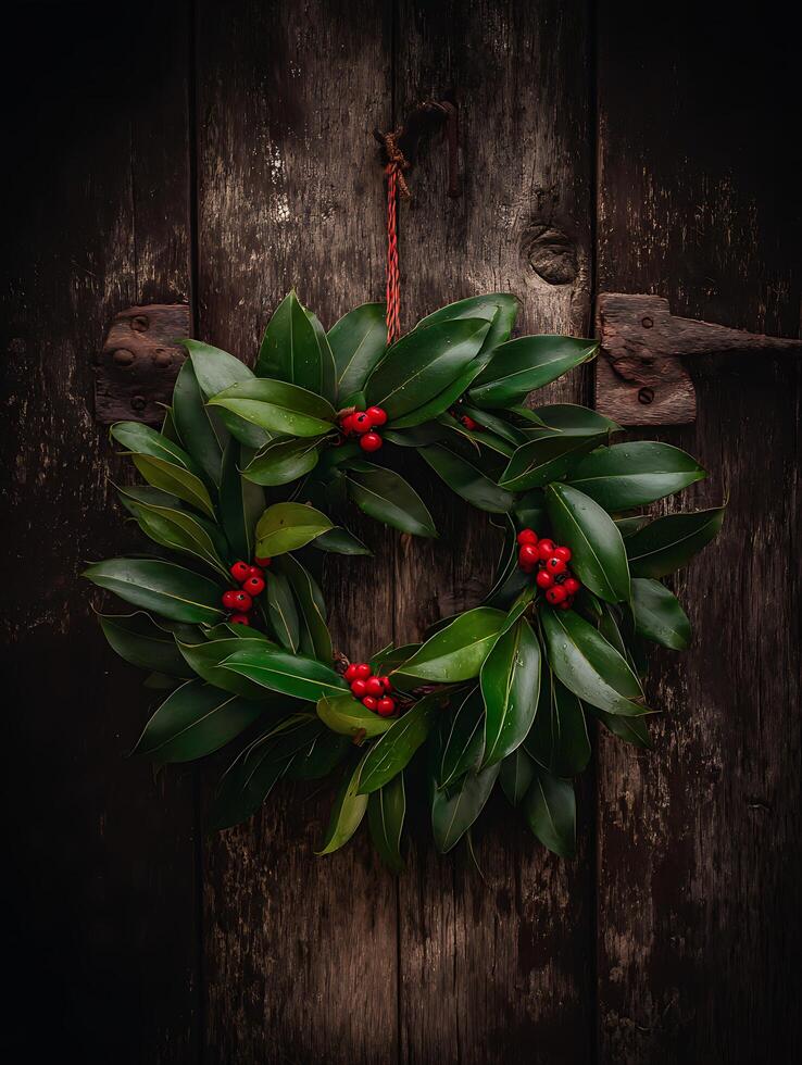 Festive Holly Wreath Hanging on Rustic Wooden Door. photo