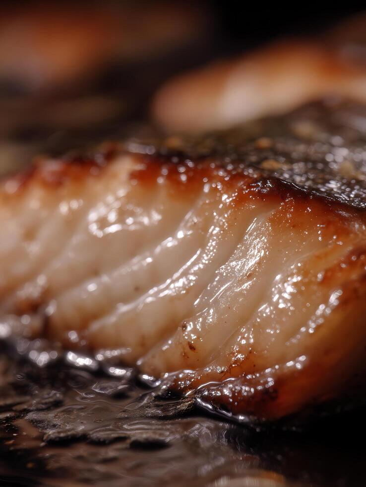 Close up of Pan Seared Fish Fillet, Detailed Texture and Glaze. photo