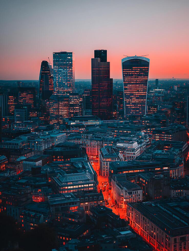 London Cityscape at Sunset Aerial View of Illuminated Skyscrapers and Streets. photo