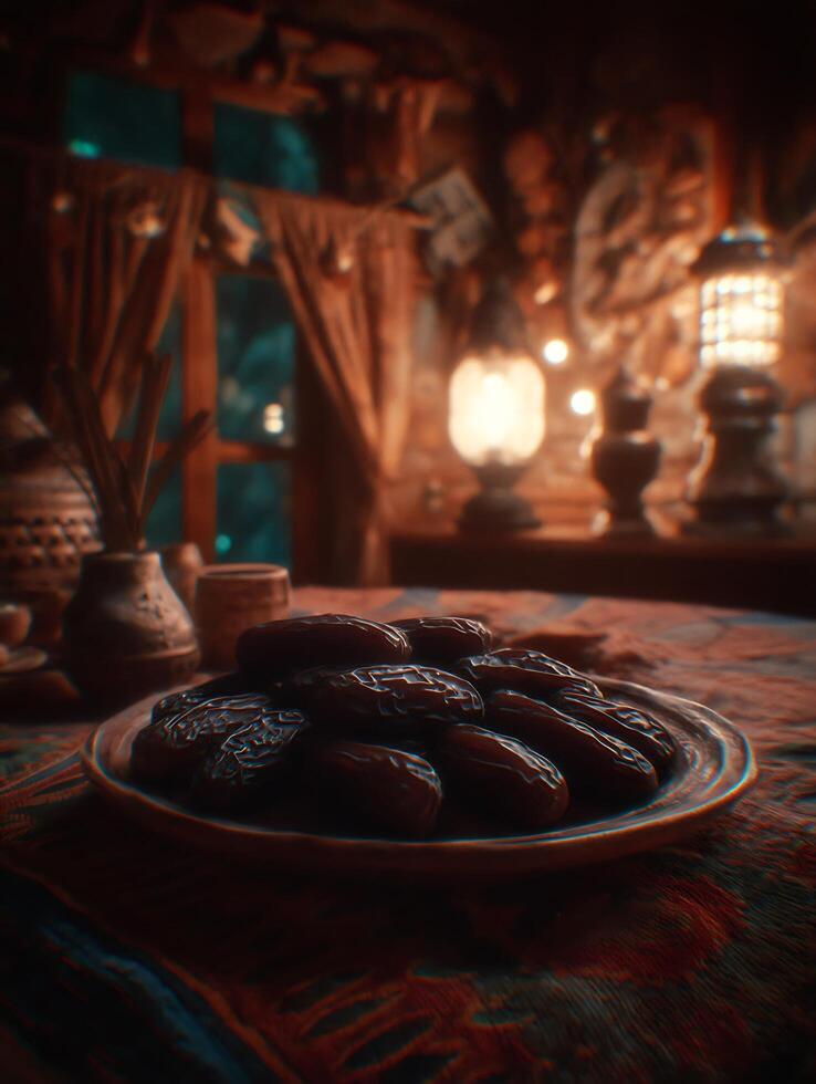 Close up of Dates on a Plate in a Rustic Cabin Setting. photo