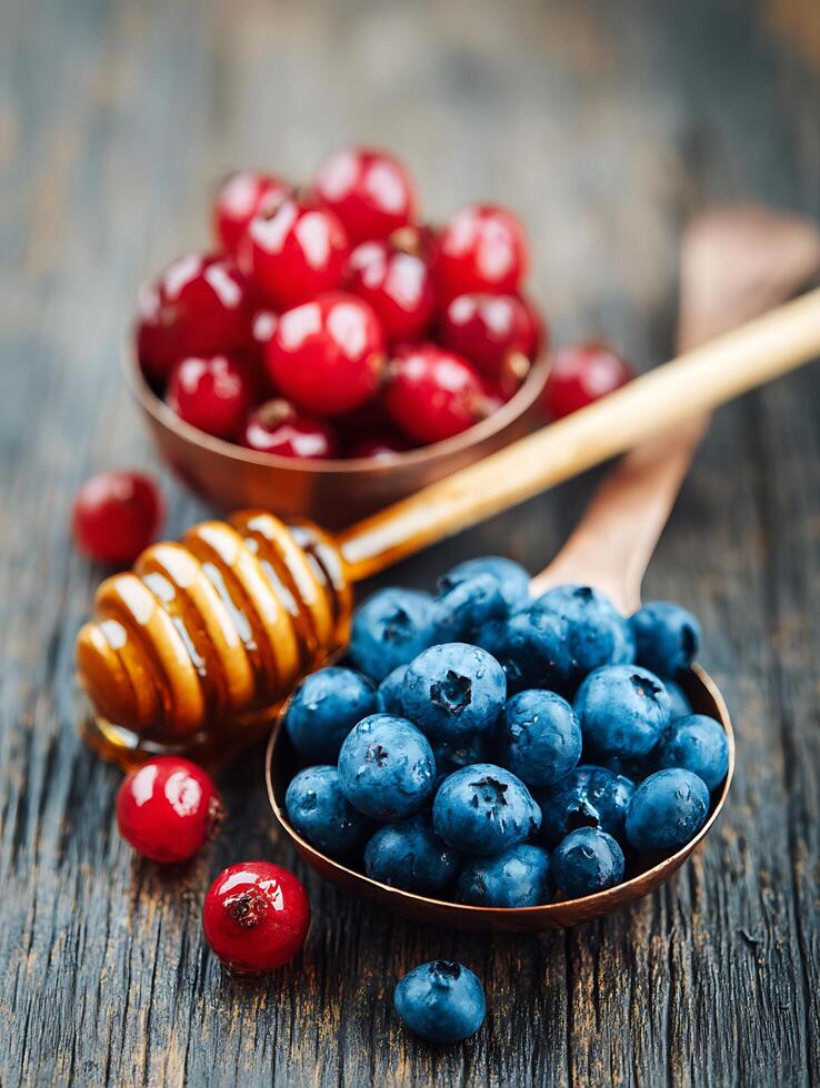 Close up of blueberries and cranberries in copper bowls with honey dipper. photo