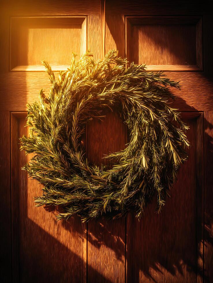 Rosemary Wreath Hanging on a Wooden Door in Warm Sunlight. A rustic image perfect for seasonal or home decor projects. photo