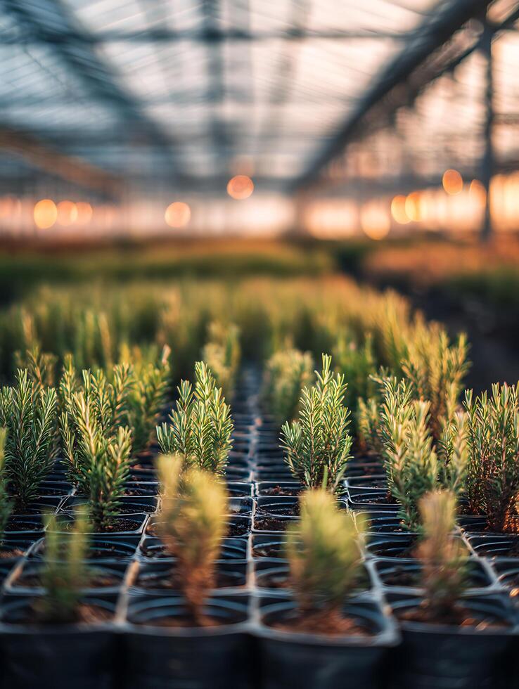 Young Plants Growing in Greenhouse at Sunset. Rows of vibrant green seedlings in individual pots, bathed in warm evening light. photo