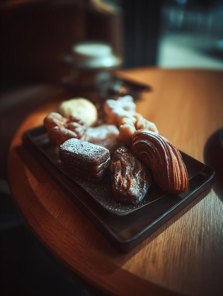 A delectable assortment of freshly baked pastries arranged on a dark tray, ready to be enjoyed. photo