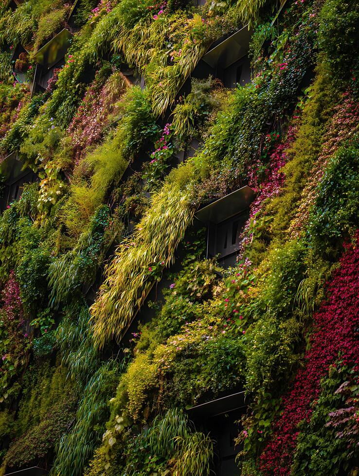 Lush Vertical Garden on Modern Building Exterior A Close Up of Vibrant Greenery and Blossoms. photo