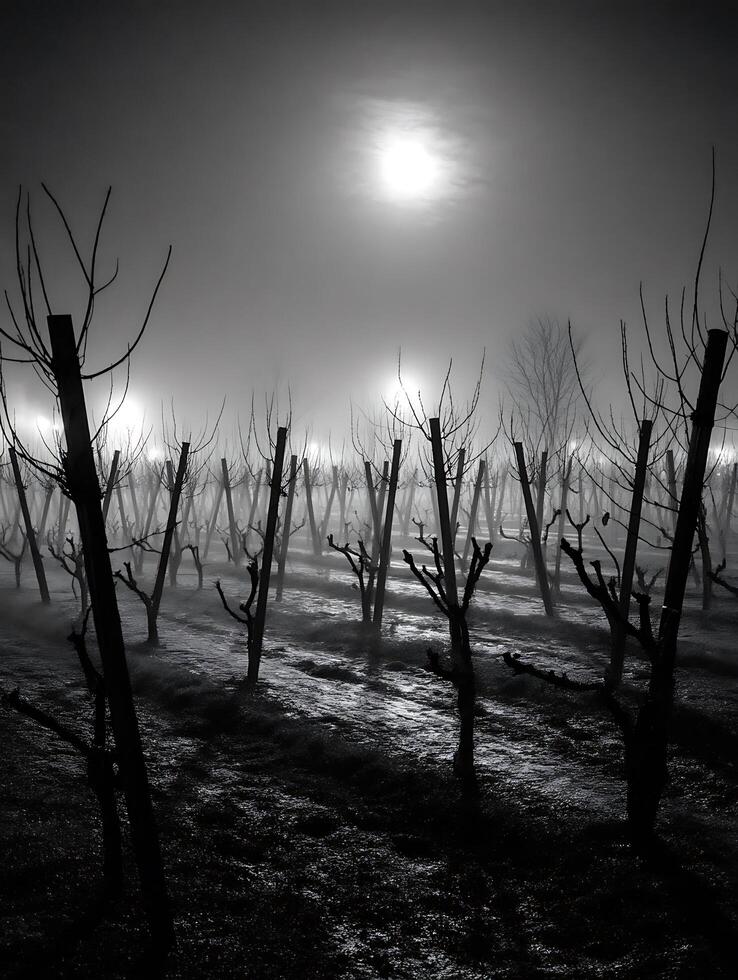 Flooded Vineyard at Night A Monochromatic Landscape. photo