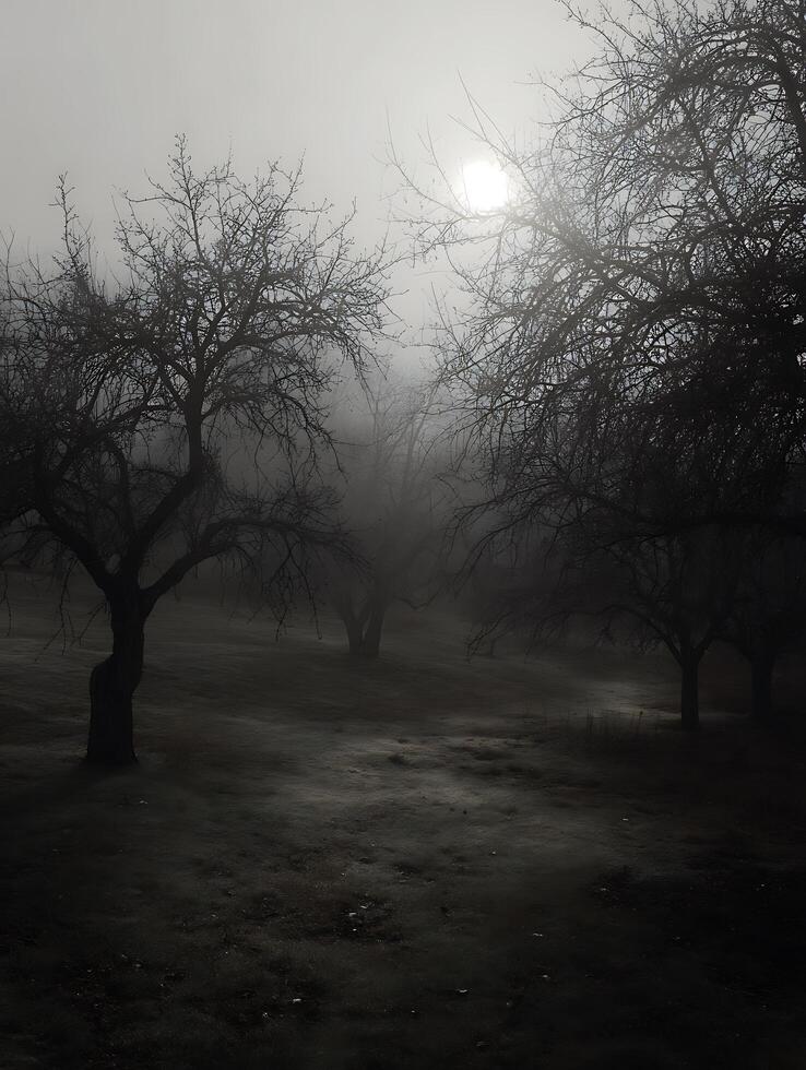 Sunlit Foggy Field with Silhouetted Leafless Trees. A misty winter landscape with bare trees. photo