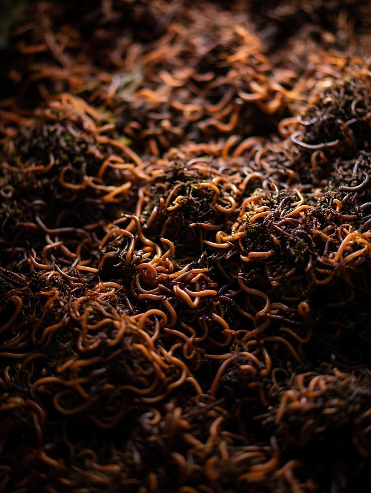 A Close Up View of Numerous Earthworms in Dark Soil. photo