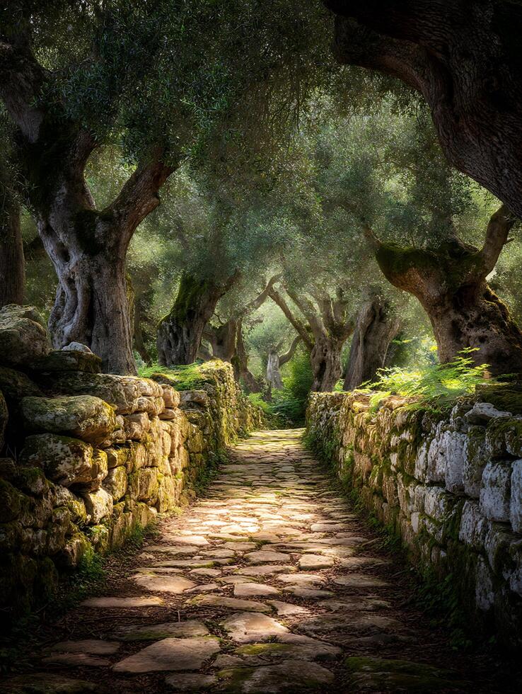 Sunlit Stone Path Through Ancient Olive Grove A Serene Nature Scene. photo