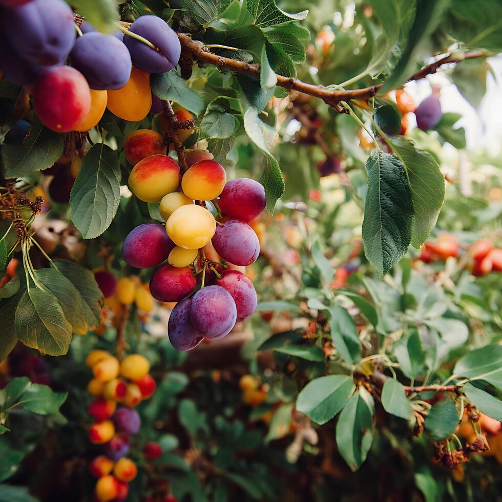 Ripe Plums Hanging on a Branch in an Orchard. A close up image of colorful plums growing on a tree. photo