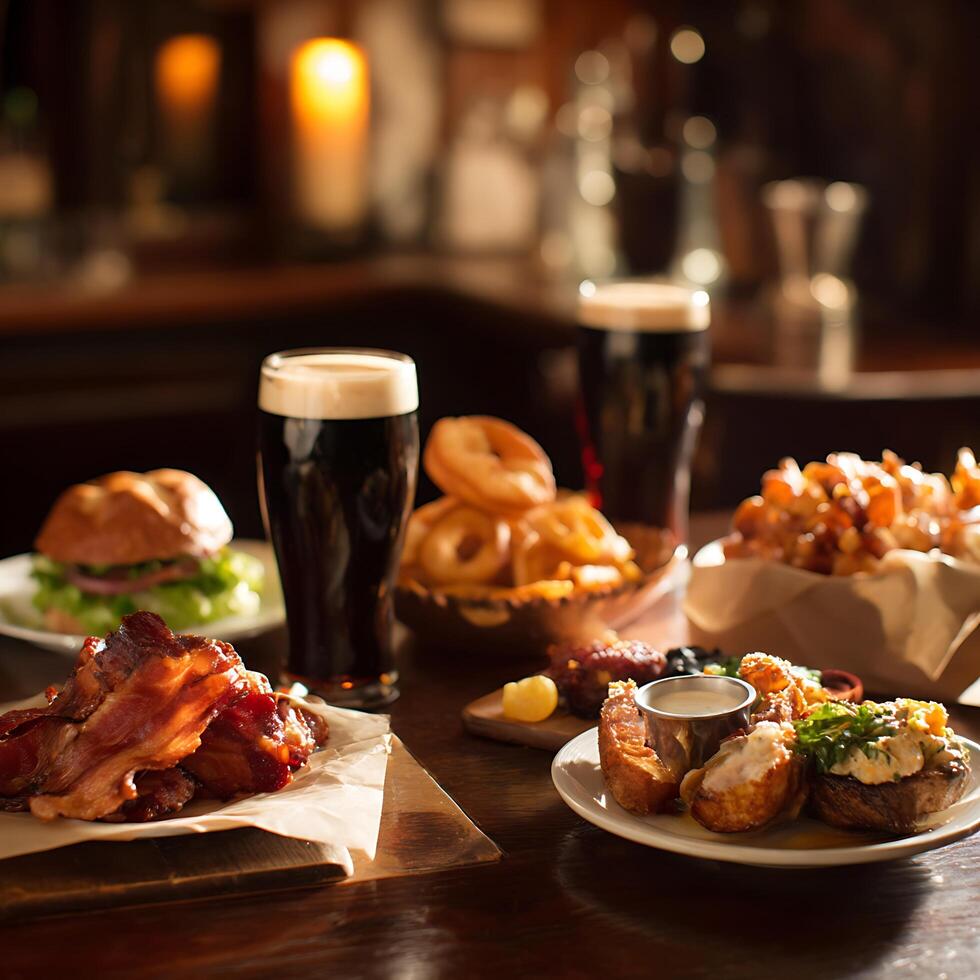 Pub Food and Drinks on a Dark Wooden Table. A close up image of delicious pub fare, including bacon, onion rings, and a pint of dark beer. photo