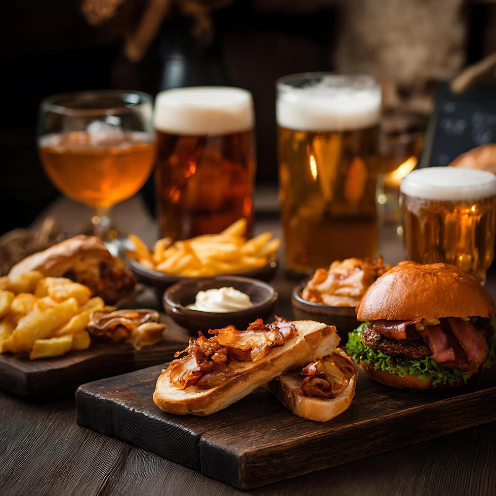 Gourmet Pub Food Close up of Burgers, Fries, and Beer on Rustic Wooden Table. photo