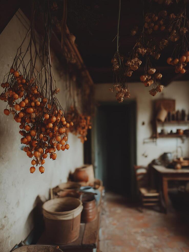 Dried Berries and Flowers Hanging in Rustic Interior Autumnal Still Life. photo