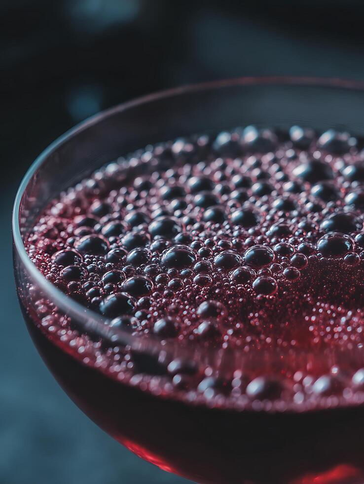 Close Up of Bubbles in a Glass of Red Wine. A detailed image showcasing the texture and effervescence of a red wine. photo