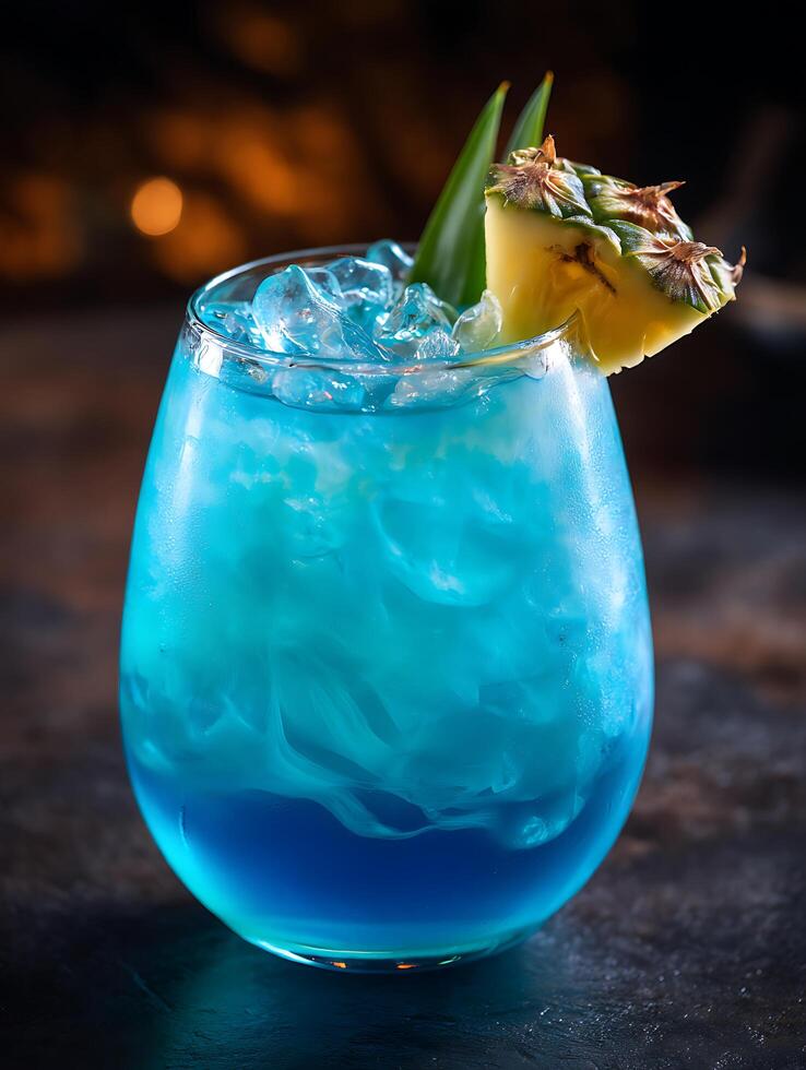 Close up of a Blue Lagoon Cocktail with Pineapple Garnish. photo