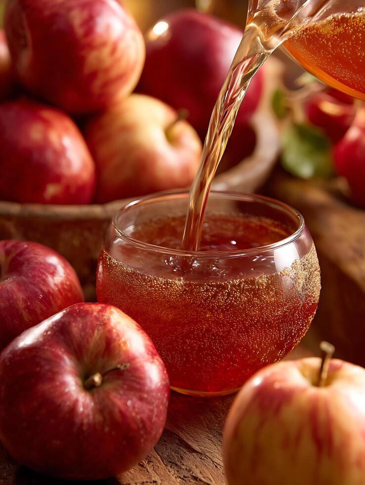 Fresh Apple Juice Pouring into Glass with Apples. A close up image of delicious apple cider being poured. photo