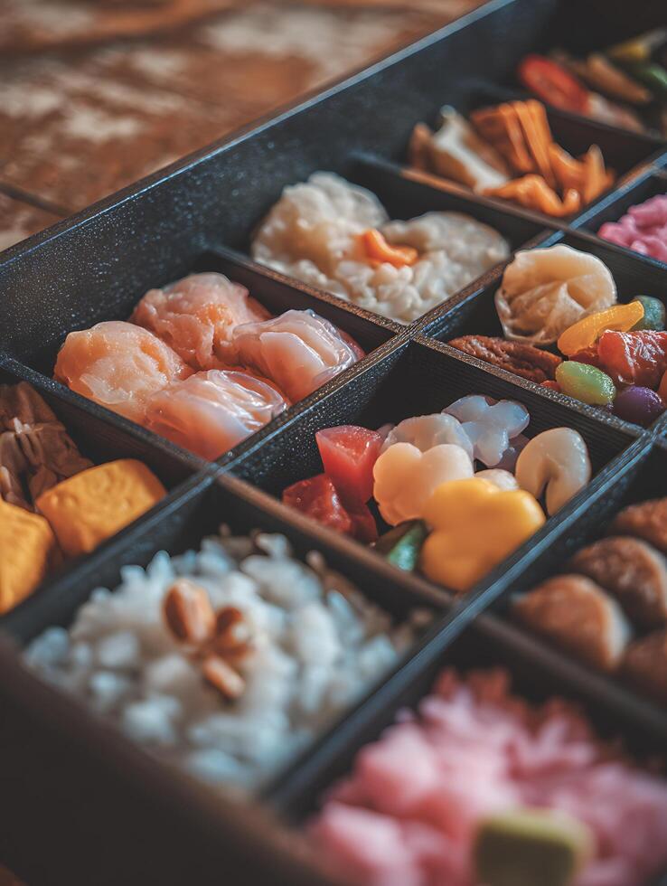 Close up of an Assorted Japanese Bento Box with Various Dishes. photo