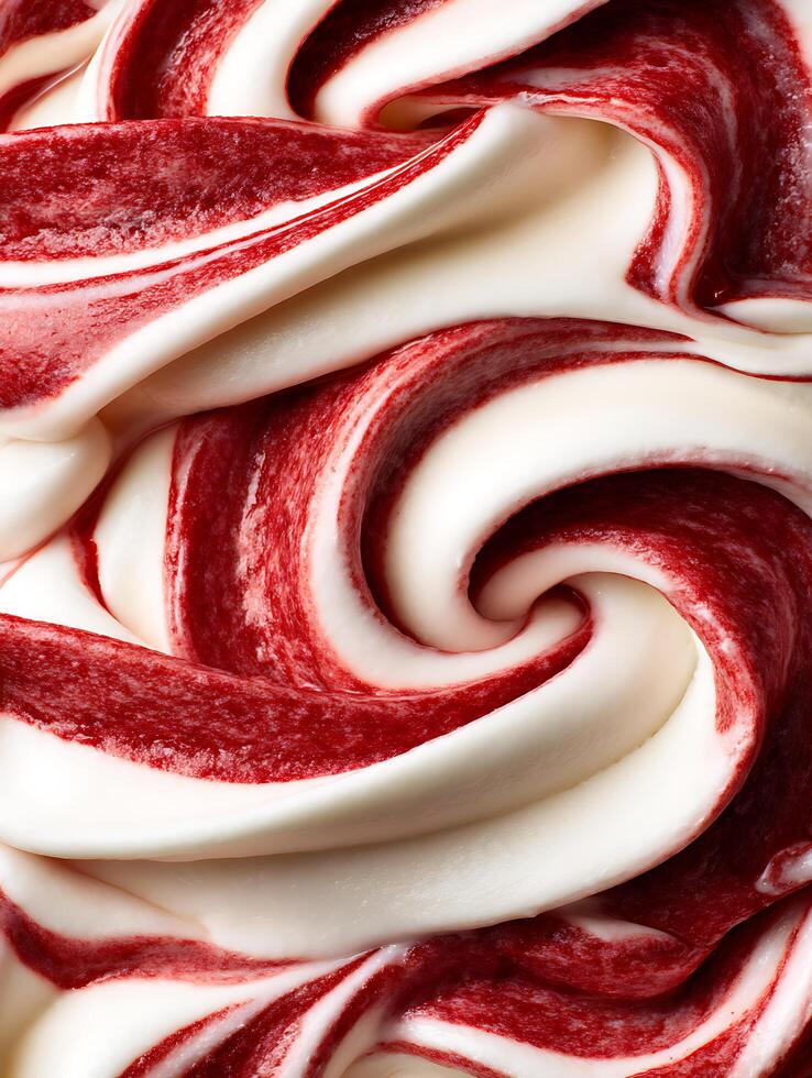 Close up of Swirled Red and White Ice Cream, Delicious Dessert Texture. photo