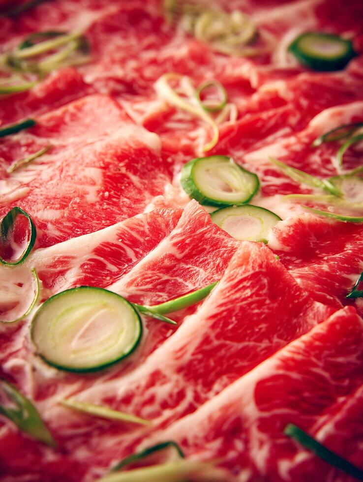 Close Up of Thinly Sliced Raw Beef with Cucumber and Green Onions. photo