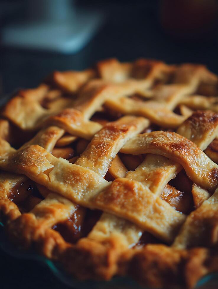 Close Up of a Delicious Homemade Apple Pie with a Lattice Crust. photo