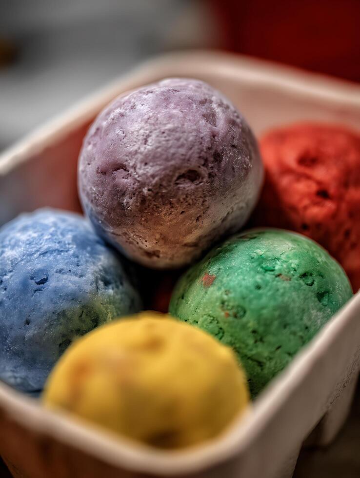Close Up of Colorful Ice Cream Scoops in a Carton. photo
