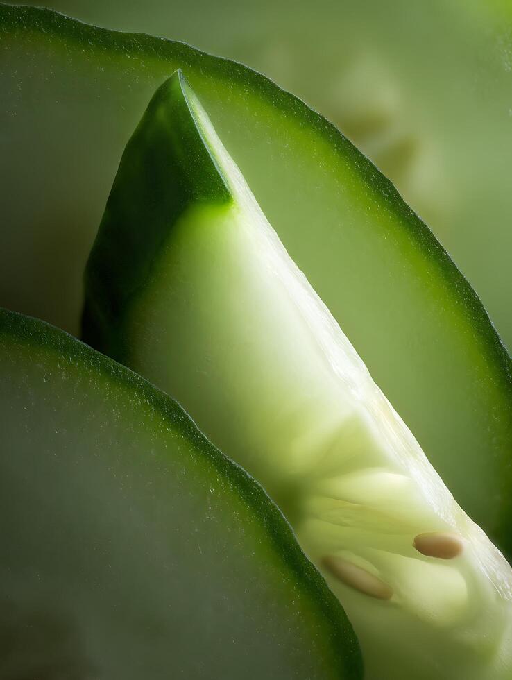 Close Up of Fresh Cucumber Slice, Green Vegetable Texture. photo