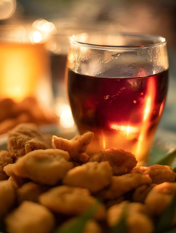 Close up of a Glass of Red Drink and Fried Snacks at Golden Hour. photo