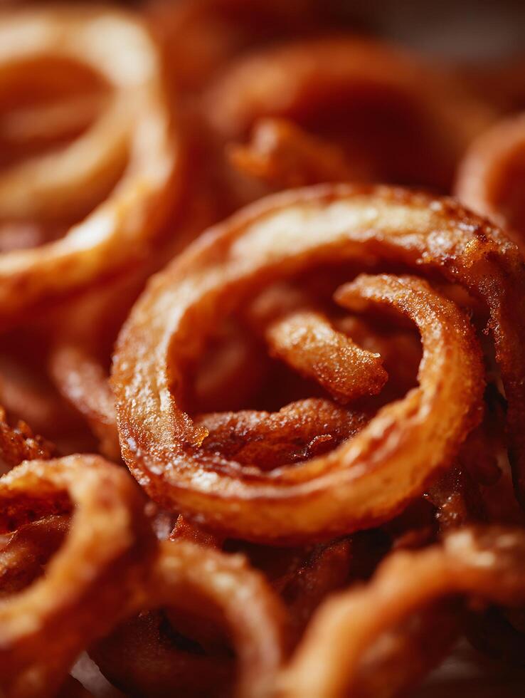 Close up of Crispy Golden Onion Rings, Food Photography. photo