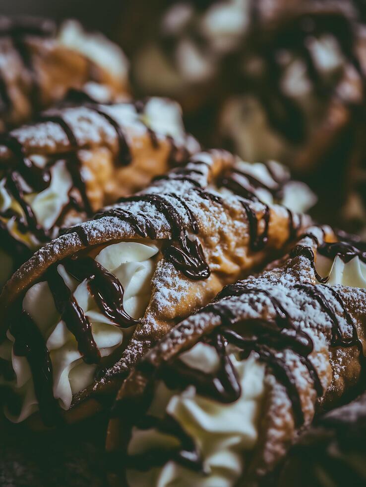 Close up of Cannoli with Cream and Chocolate Drizzle. A delicious Italian pastry. photo