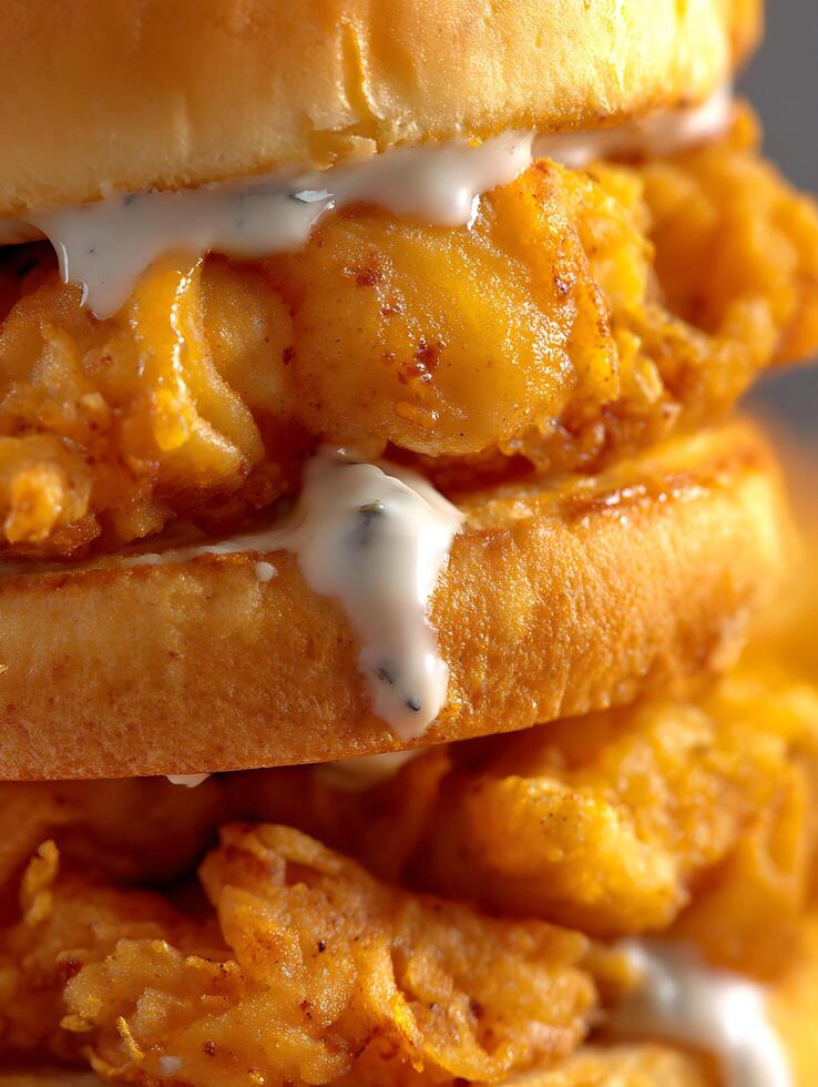 Close Up of a Delicious Crispy Fried Chicken Sandwich with Creamy Sauce. photo
